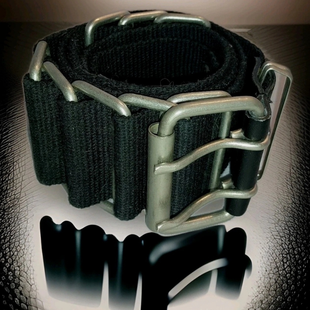 Rocker Leather Belt of Canvas, Leather, Grommets, and Brushed Nickel 32"-37"